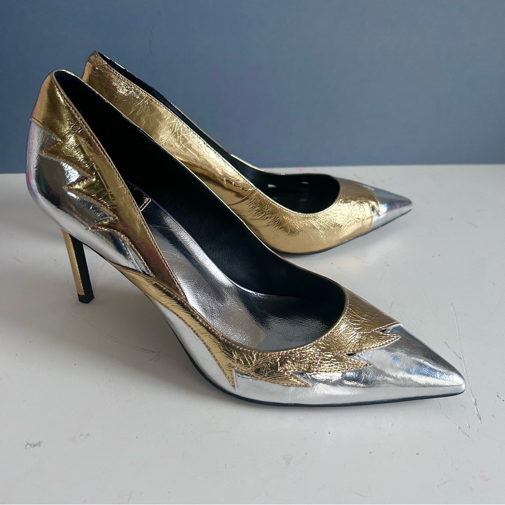 Jeffrey Campbell Stiletto Heels size 9 Cyanda Gold Silver Flame Fire NIB Emo